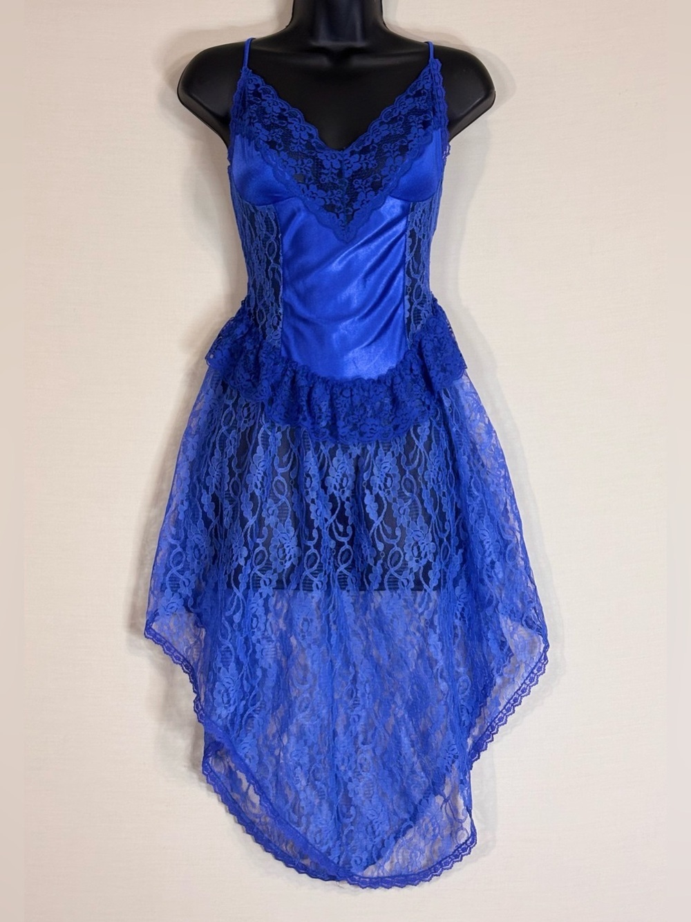 Vintage Jill Andrea Royal Blue Lace Handkerchief Hem Slip Dress M